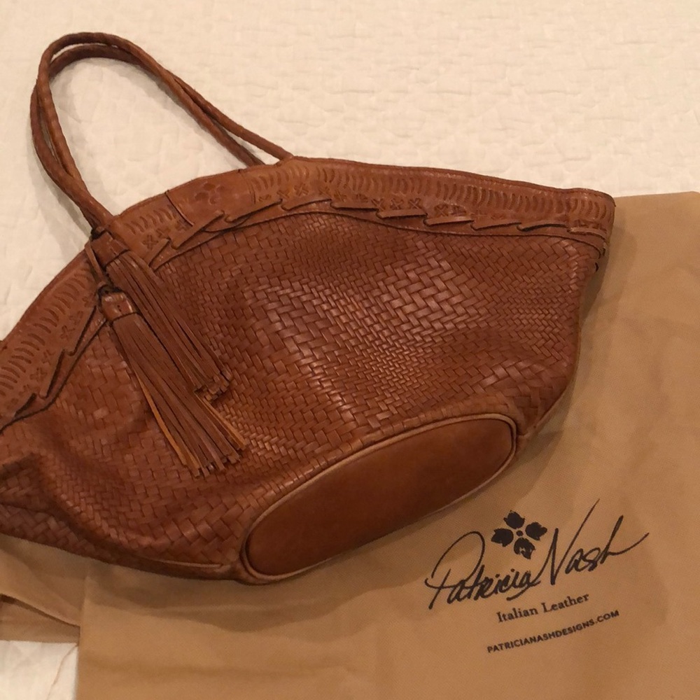 Woven leather handbag